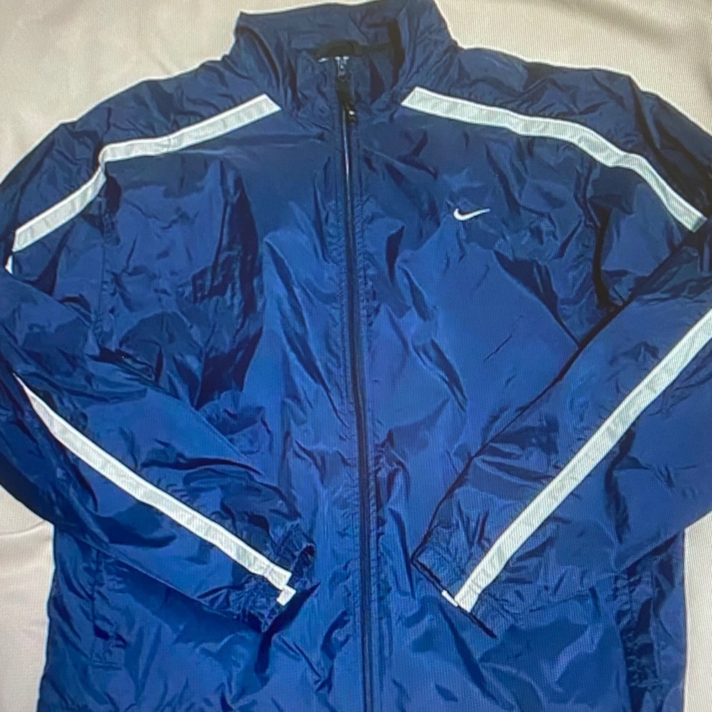 Nike Men’s Blue Windbreaker Jacket with White Stripes